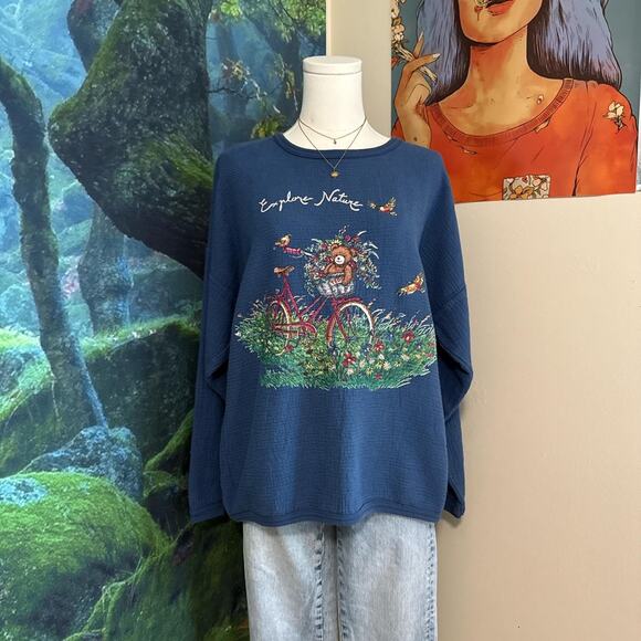 vintage teddy bear nature sweatshirt cottagecore embroidered chic m/l - Picture 5 of 5